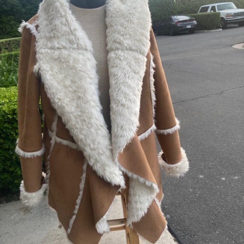 Womens Faux Fur and Suede Coat with Hood, lite Brown, XL